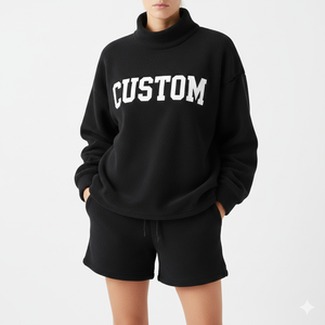 Ensemble hiver éco-responsable pour femme : haut à col roulé ample à manches longues et short confortable au-dessus du genou - Product Image 1