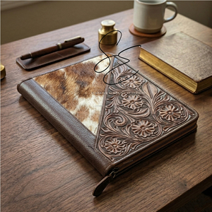 2026 Hand Tooled Leather Portfolio <b>Folder</b> Hair On Cowhide <b>A4</b> Organizer Zippered File <b>Folder</b> Corporate Padfolio Office Gifts - Product Image 1