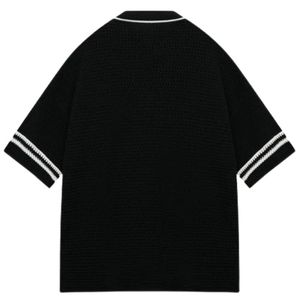 Chemise de baseball en tricot crocheté pour hommes, manches courtes, boutonnée, avec bordure rayée, haut décontracté en maille, fourniture en gros OEM - Product Image 2