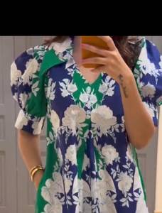 Vestido de Verano Informal para Mujer, Estampado Floral Azul Verde, Cuello en V, Corte en A, Estilo Inglés, con Volantes, Mangas Abullonadas, Ajuste Holgado - Product Image 3