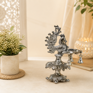 Silver Decorative Peacock Oil Burner Hanging Bells <b>Art</b> <b>Deco</b> Adjustable Elegant Tabletop Artifact Diwali Puja Housewarming Gifts - Product Image 5