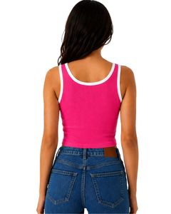 Pink Women Ribbed Crop Tank Top White Trim Sleeveless V Neck Slim Fit Casual Summer Stretch Cotton Vest Fashion Ladies Tops - Product Image 2