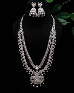 <b>Necklace</b> Set 2 Layer Bridal Jewelry 18K White Gold Plated Brass Vintage <b>Statement</b> <b>Necklace</b> South Indian Wedding & Party Earrings - Product Image 4