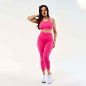 Pink 2 Piece Yoga Set Racerback <b>Crop</b> <b>Top</b> High Waist Knee Length Leggings Seamless Solid Color Spandex Polyester - Product Image 1