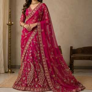 Premium <b>Red</b> Viscose Georgette Embroidered Traditional <b>Saree</b> Peacock Motif Luxury Designer Wrinkle Free Wedding Party Wear - Product Image 4