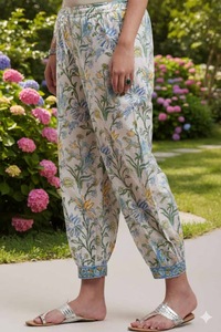 Pantalones informales de algodón puro con estampado floral para mujer, cintura elástica, pantalones informales de algodón sostenible para verano, ropa transpirable - Product Image 5