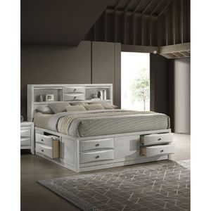 <b>Queen</b> <b>Bed</b> Frame <b>with</b> Integrated <b>Storage</b> Drawers and Compartments 1pc Neutral White Finish Up-Holstered <b>Bed</b> - Product Image 5