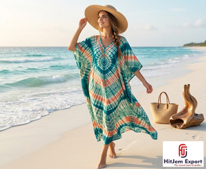 Vestido Kaftán Personalizado para Mujer con Estampado Tie-Dye, Traje de Playa, Ropa de Verano para Resort, Fabricante de Productos de Tela OEM ODM - Product Image 1