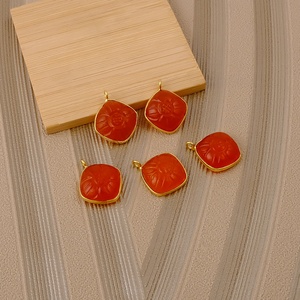 Carnelian Flower Carved Cushion Charm Stone Bezel set Gold Plated Carving Jewelry Fashion Wholesale Pendants - Product Image 5