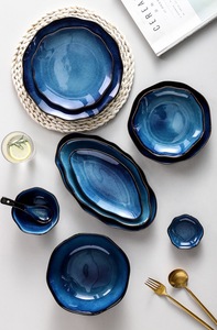 Meal set for 4-/6- person Retro Kiln <b>Firing</b> Cosmic Blue Unique Pattern Shape Glazed Porcelain Durable BpaFree dinnerware giftbox - Product Image 2