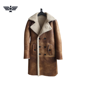 <b>Men's</b> Brown PU Leather Slim Double Breasted Front Long Coat Faux Fur Lining Turn-down Collar Double Breasted Windproof <b>Winter</b> - Product Image 1