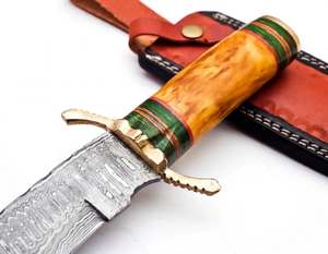 Couteau utilitaire à lame fixe en acier Damas, fabriqué à la main, pour la découpe en extérieur et le barbecue, avec étui en cuir - Product Image 6