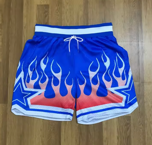 Men's Flame Graphic Basketball Shorts- Black with Orange and Red Fire Design, Elastic Waistband, Polyester, Athletic Style, Athl - Product Image 3