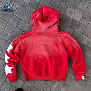En gros, Sweats à capuche zippés pour hommes en polaire délavée à l'acide, avec strass rouges, texte imprimé en relief sur la manche et motif étoile - Product Image 2