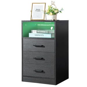 FCH 40*35*65cm <b>Black</b> <b>Bedside</b> <b>Table</b> Nightstand Particleboard Pasted Triamine with Three Drawers and LED Light Socket - Product Image 4