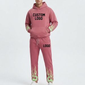 Conjunto de Chándal Rosa Personalizado para Hombre, Más Buscado, con Capucha, Manga Larga, Estampado de Llamas, Pantalones Deportivos con Bolsillos Laterales, Ropa de Otoño - Product Image 1
