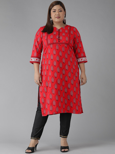 Kurti Recto de Algodón Rojo con Estampado Floral para Mujer, Talla Grande, Cuello en V y Mangas Tres Cuartos, Venta al Por Mayor - Product Image 1