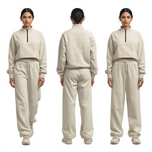 Unisex Hooded Quarter <b>Zip</b> Solid Breathable & Quick Dry Polyester/Cotton Cropped Sweatshirt and Wide Leg Jogger Set - Product Image 3