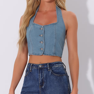 Tops cortos de mezclilla para mujer, los más vendidos, con botones, ajustados, cuello cuadrado, sin espalda, camisetas sin mangas de mezclilla para fiesta - Product Image 3