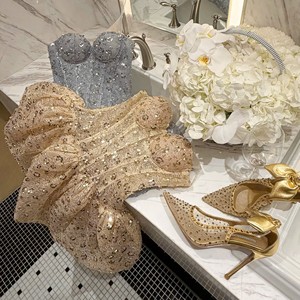 Robe évasée glamour à sequins floraux tissés, taille naturelle, sans bretelles, pour bal de promo et mariage - Product Image 6