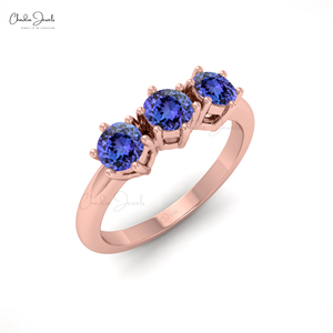 Anillo de compromiso y boda de oro rosa fino de 14k con tres piedras de tanzanita natural de corte redondo de 4mm, productos de moda, venta al por mayor - Product Image 5