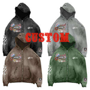 Sweat à capuche en coton French Terry pour homme, style streetwear, personnalisé 2024, haute qualité, lavable à l'eau, effet délavé, fermeture éclair double sens avec logo frontal - Product Image 3