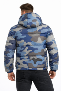 Blouson matelassé à capuche camouflage bleu pour homme, chaud et rembourré, avec fermeture éclair, style streetwear décontracté, vêtement d'extérieur, vente en gros - Product Image 5