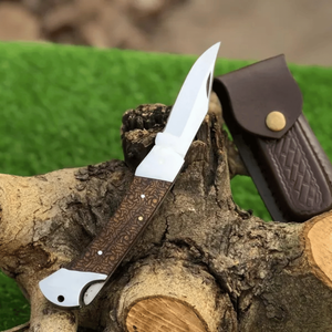 Couteau de poche pliant artisanal avec manche en bois, lame droite en acier inoxydable gravée, EDC, camping, chasse, combat, qualité industrielle OEM - Product Image 1