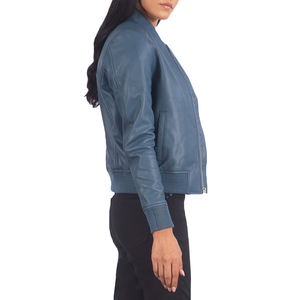 Chaqueta Bomber de Cuero Genuino Azul Cielo para Mujer, con Ribete de Punto Acanalado, Otoño Invierno, Logotipo, Casual, Lujo, Fabricante OEM ODM al por Mayor - Product Image 6