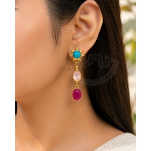 Gold Plated Multi Gemstone Dangle <b>Earrings</b> for Women <b>Turquoise</b> Rose Quartz & Ruby Hydro Bezel Set Statement <b>Earrings</b> - Product Image 2