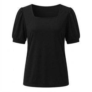 T-shirt décontracté pour femme, couleur unie, en polyester, col rond, manches courtes froncées papillon, anti-boulochage, tricoté – Meilleure vente - Product Image 4