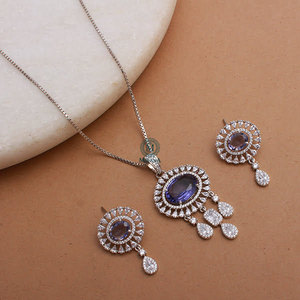 Lavi Lavender American Diamond Gold Plated Zircon Designer Pendant Earring Set for Festival Gift - Product Image 1