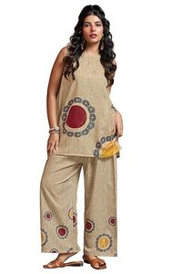 Women's Bohemian <b>Linen</b> 2 <b>Piece</b> Set Sleeveless Top With Embroidery And Dot Pattern Loose Fit Ankle Length Pants Summer Wear - Product Image 1