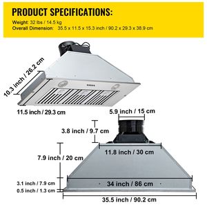 Campana Extractora de Cocina Integrada de Acero Inoxidable de 36 Pulgadas y 800 CFM con 3 Velocidades, Control de Botón y Luces LED, con Filtro de Inserción - Product Image 4