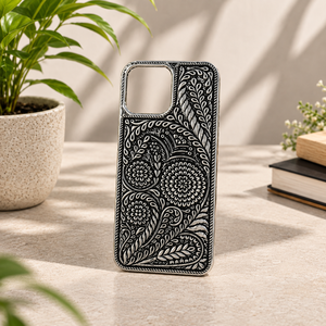 Étui de téléphone portable en argent sterling 925 de qualité supérieure, oxydé antique, gravé de motifs floraux paisley - Product Image 1