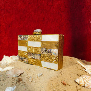INDIAN Mother of Pearl Mosaic Brass <b>Grid</b> Clutch Handmade Evening Statement Bag with Geometric Panels Luxury Art Finish - Product Image 3