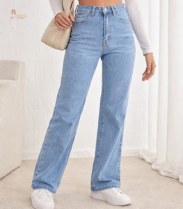 Fournisseur en gros de jeans pour femmes, taille mi-haute, coupe droite, jambe large, délavage clair, longueur intégrale, cinq poches, fermeture éclair, décontracté, écologique - Product Image 1