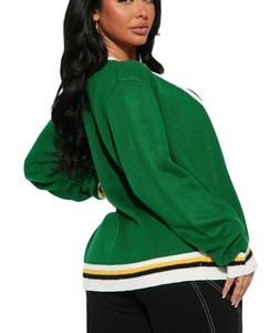 Cárdigan de punto casual para mujer con logotipos personalizados, cuello en V, bloques de color verde, manga larga y botones. - Product Image 6