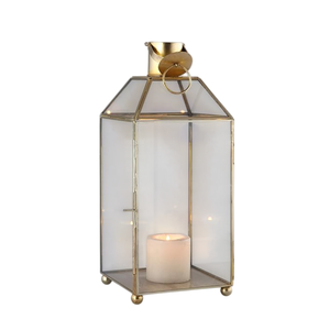 Geometric <b>Gold</b> Trapezoid Metal Candle <b>Lantern</b> Clear Glass Wedding Table Centerpiece Decorative Hanging <b>Lanterns</b> With Wire Handle - Product Image 4