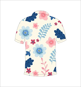 Polo à fleurs blanc, bleu et rose avec accent rouge, motif feuilles, manches courtes, décontracté d'été, vue avant et arrière - Product Image 2