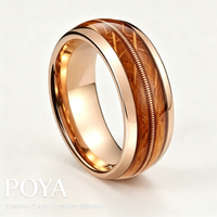 Cincin Tungsten Carbide Rose Gold dengan Inlay Kayu Koa dan Senar Gitar, Cincin Kawin Dome untuk Pria Wanita, Perhiasan Artisan Grosir
