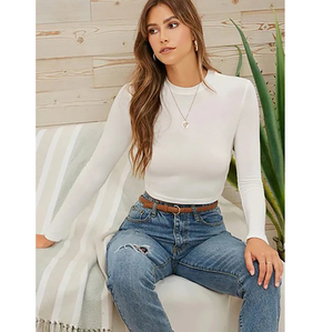 Camiseta Corta Blanca para Mujer, Cuello Redondo, Manga Larga, Color Sólido, Estilo Casual, Corte Ajustado, Tejido de Algodón y Elastano, para Todas las Temporadas - Product Image 4