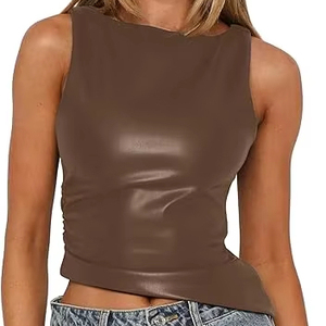 Top Corto de Cuero Genuino para Mujer, Sin Mangas, Ajustado, Estilo Urbano, Chaleco de Moda - Product Image 1