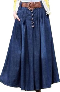 Jupe longue en jean taille haute pour femme, coupe trapèze, couleur unie, boutonnée sur le devant, coupe ample, décontractée, en tissu de coton délavé, style printemps - Product Image 1