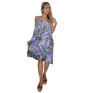 Robe midi élégante de style bohème pour femmes, en rayonne, motif tie-dye, sans manches, col en V, blanc et gris, robe de plage - Product Image 2