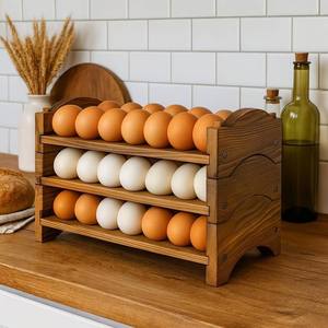 Wooden 3-Tier <b>Egg</b> Rack Storage Holder for Kitchen Counters Dishwasher Freezer Safe Organizes Brown/White <b>Eggs</b> Manual Use - Product Image 1