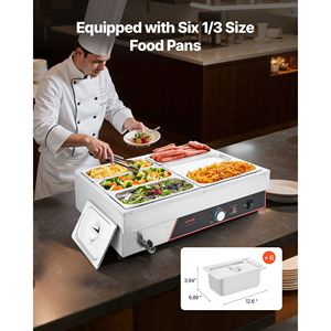 Scaldavivande Elettrico Commerciale 1500W in Acciaio Inossidabile a 6 Vasche, Bain-Marie con Coperchio a Riscaldamento Rapido per Attrezzature da Banco per Mantenimento Caldo - Product Image 3