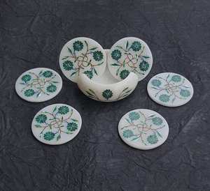 Taj White Marble Inlay <b>Crystal</b> Tea Coaster Set Decorative Kitchen Show Coasters Gift Set - Product Image 3