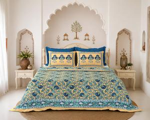 Parure de lit en coton sérigraphié, motif floral, drap plat et taies d'oreiller, personnalisable pour la maison ou un mariage - Product Image 1