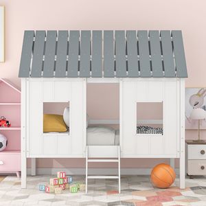 Letto a soppalco bianco singolo con tetto e due finestre frontali per bambini - Product Image 2